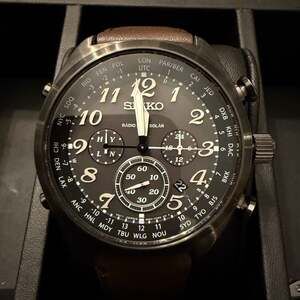 Seiko Radio Solar World Time Chronograph Watch - Black Dial & Leather Strap